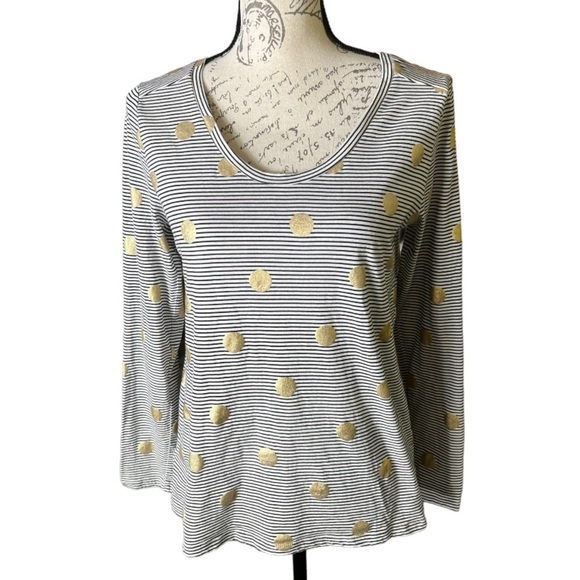 LOFT Tops - LOFT Black & White Stripe w/ Gold Polka Dot Long Sleeve Knit Shirt Sz Medium